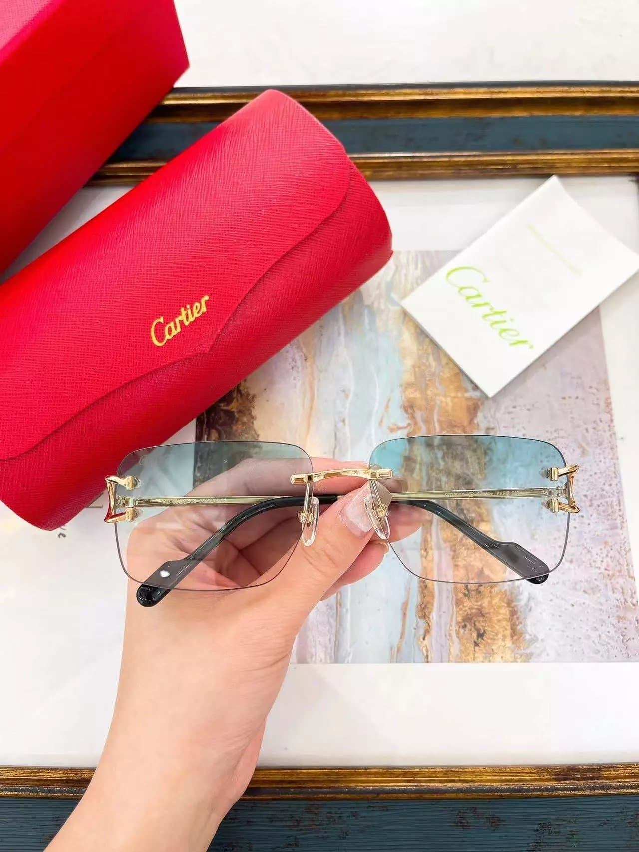 Cartier Juste Un Clou Rimless Sunglasses Gold Frame Blue Gradient Lens