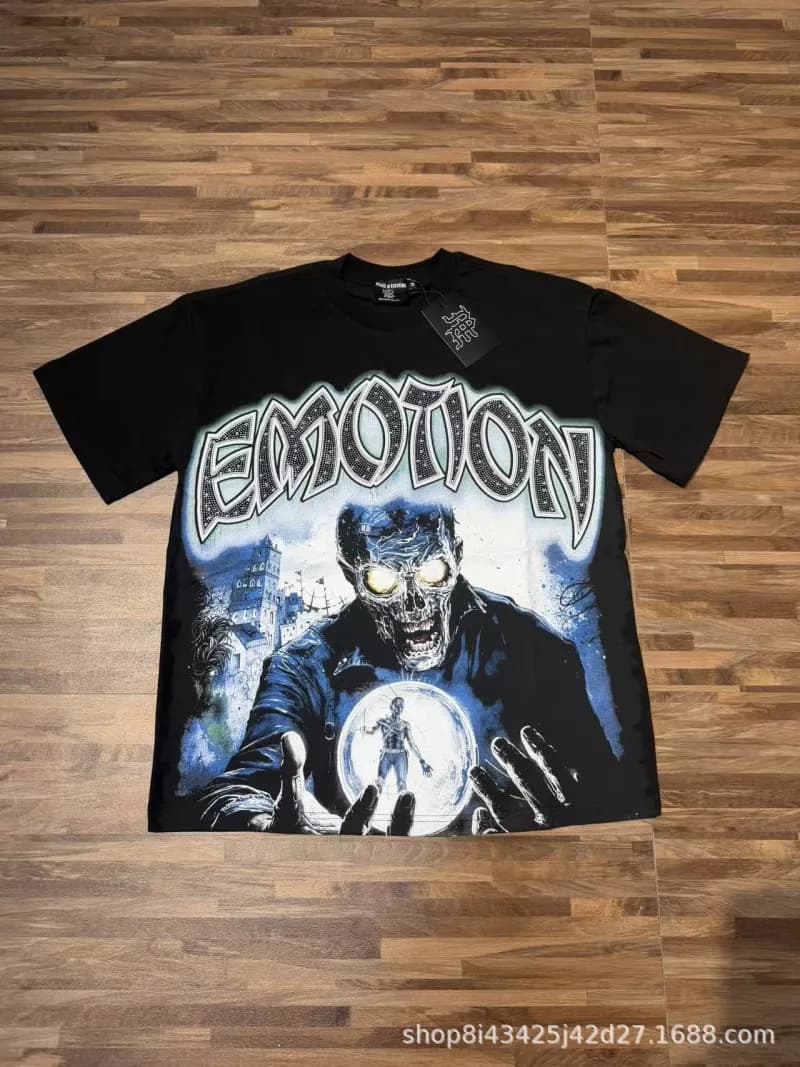 Mixed Emotion Graphic Tee Emotion Print with Rhinestones — 8102活性黑