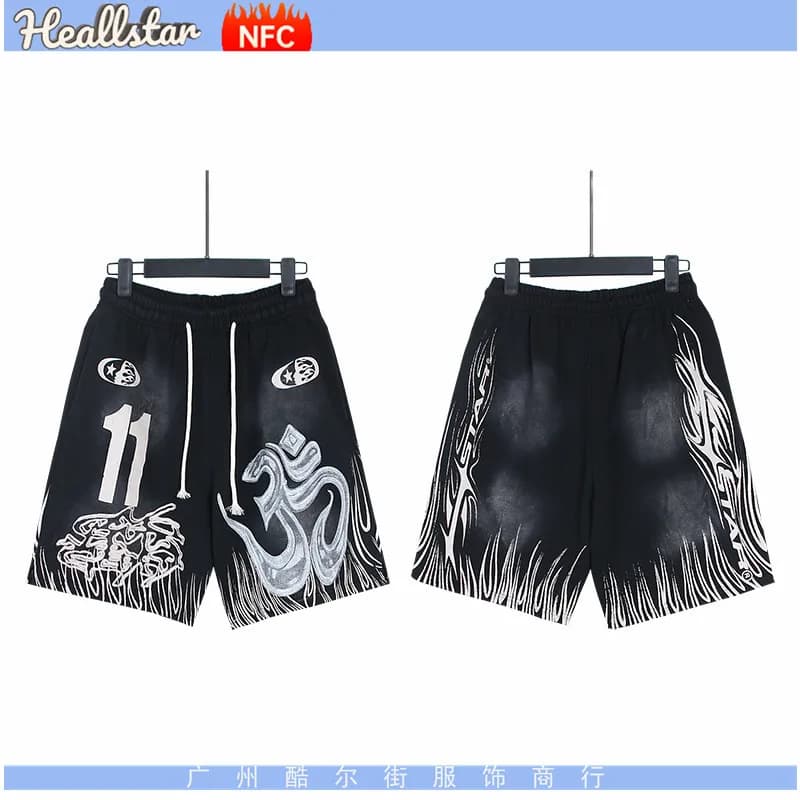 Hellstar Flame Print Shorts Black with Red Flames — 788洗水黑