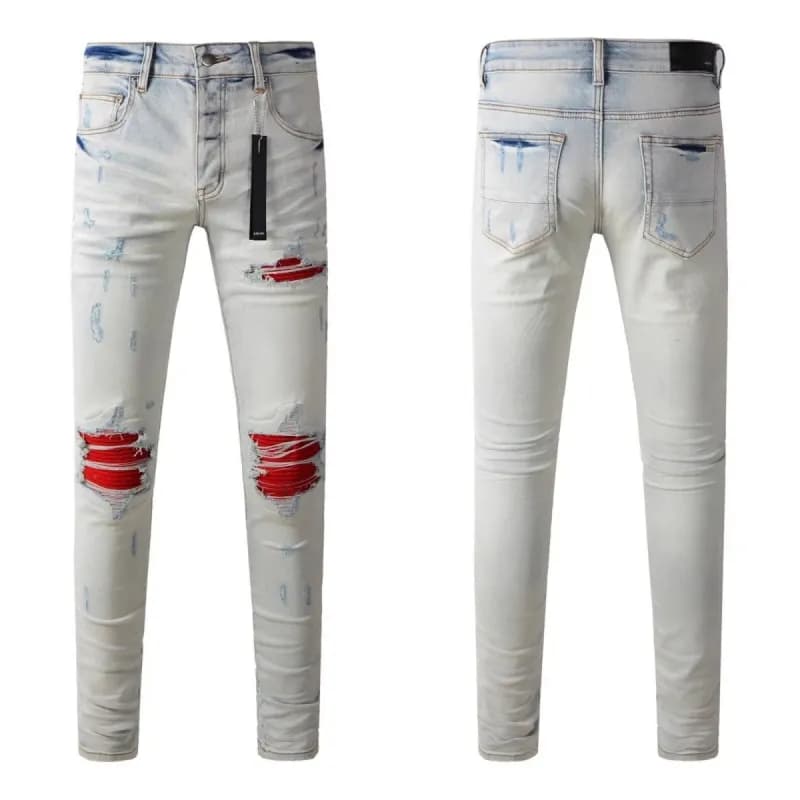 Diesel Distressed Slim Fit Jeans Bleached with Red Panel Rips