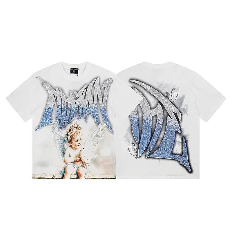 Mixed Emotion Graphic Tee Emotion Print with Rhinestones — 0012白