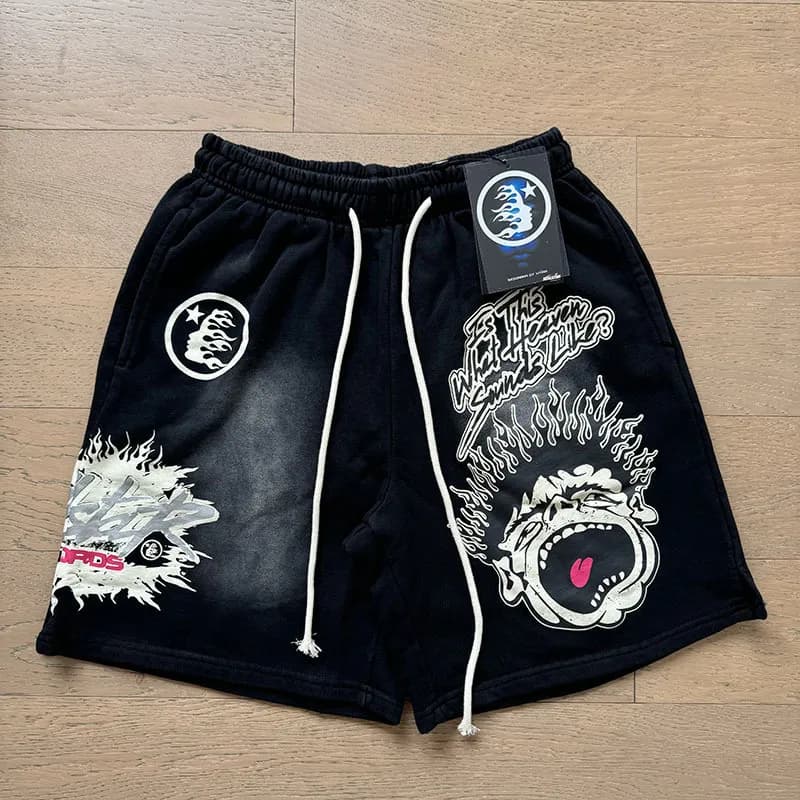 Sp5der Flame Print Shorts White Flame Graphic — 778 黑色