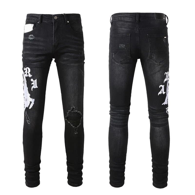 Amiri Distressed Slim Fit Jeans Logo Patch & Raw Repair — A43
