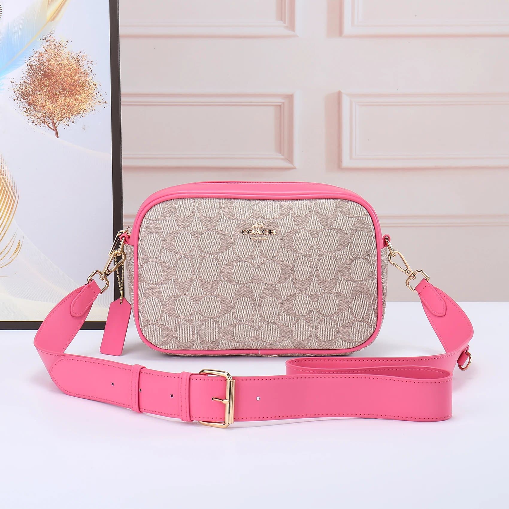 Coach Camera Bag Signature Canvas with Pink Leather Trim
