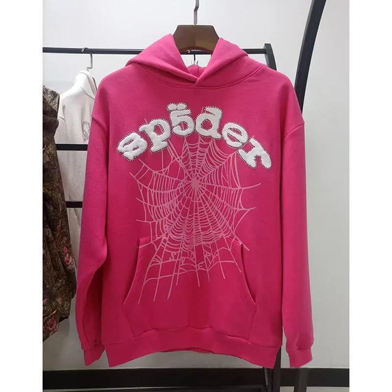 Sp5der Hoodie Spider Web Rhinestone — 玫红白字