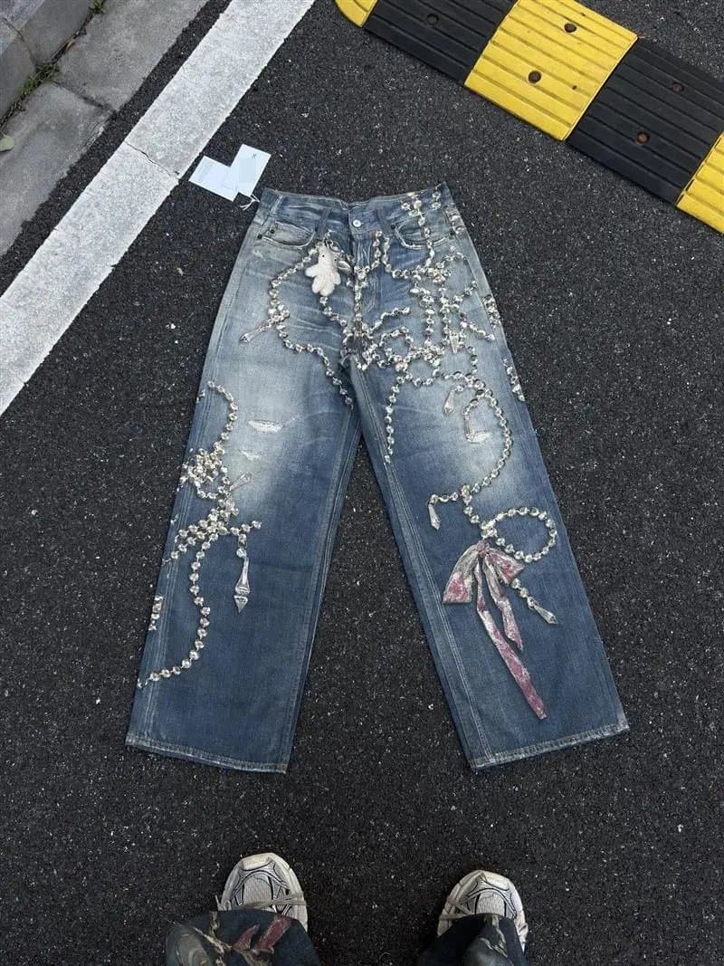 Denim Tears Distressed Jeans Crystal Chain Embellished