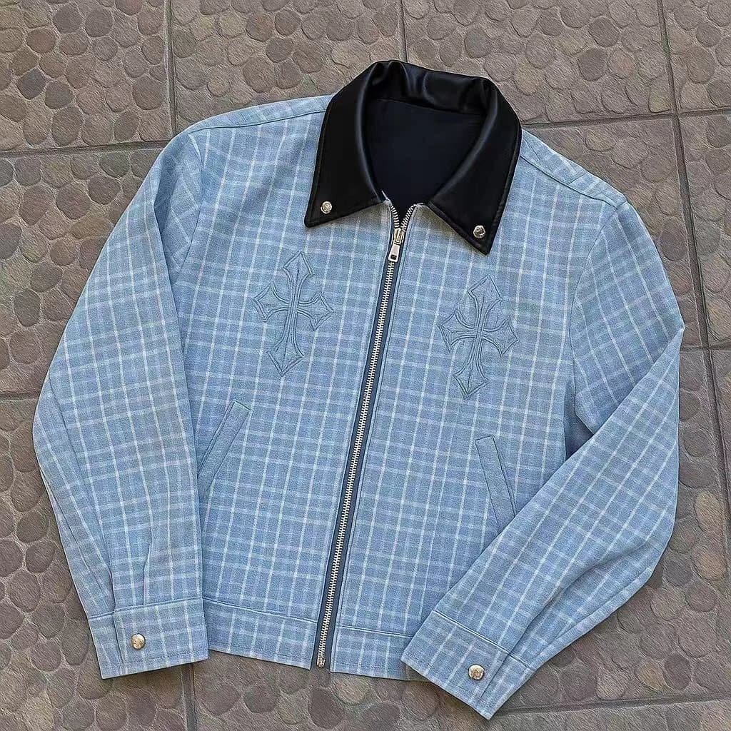 Chrome Hearts Cross Embroidered Jacket Light Blue Grid