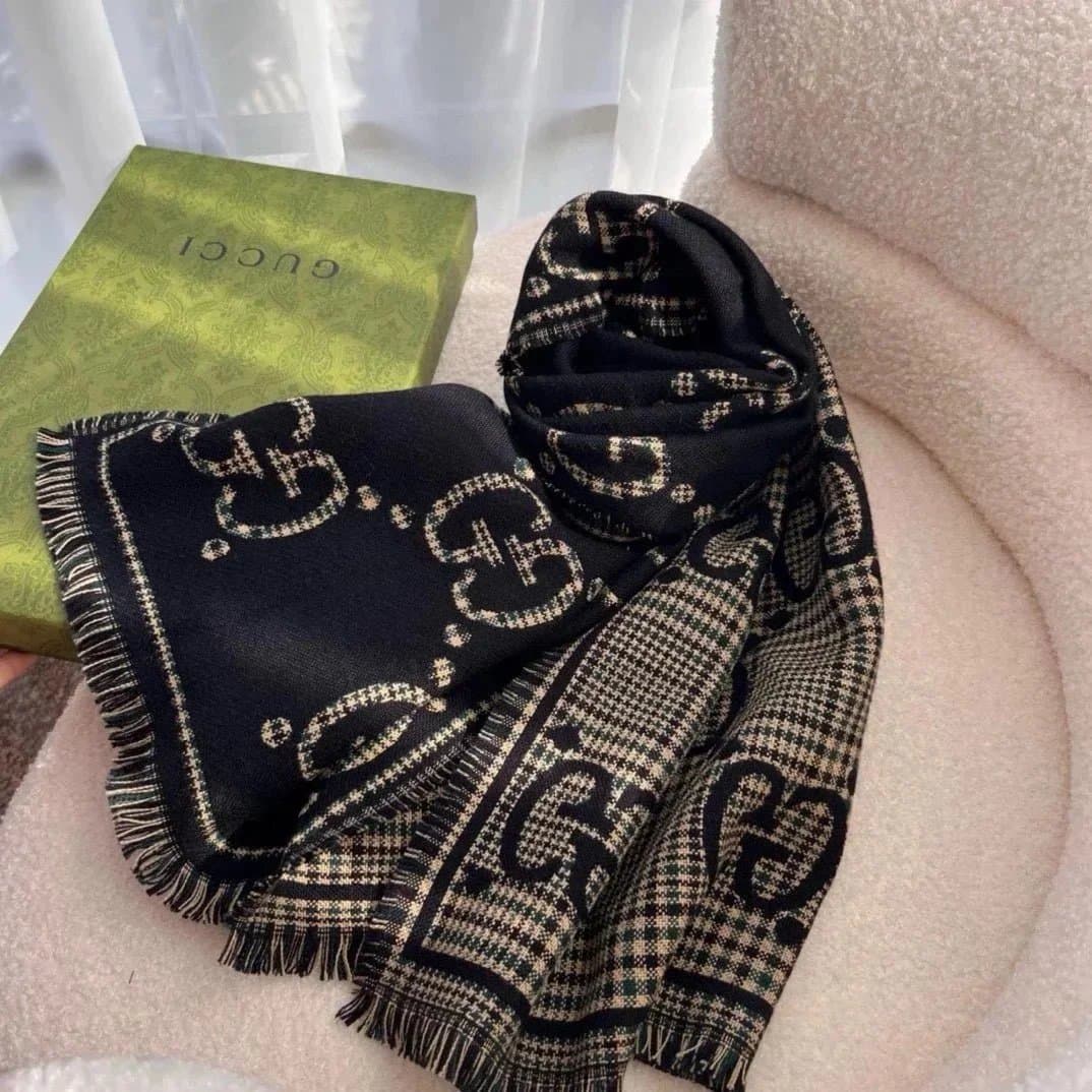 Gucci GG Logo Scarf Black Beige Check
