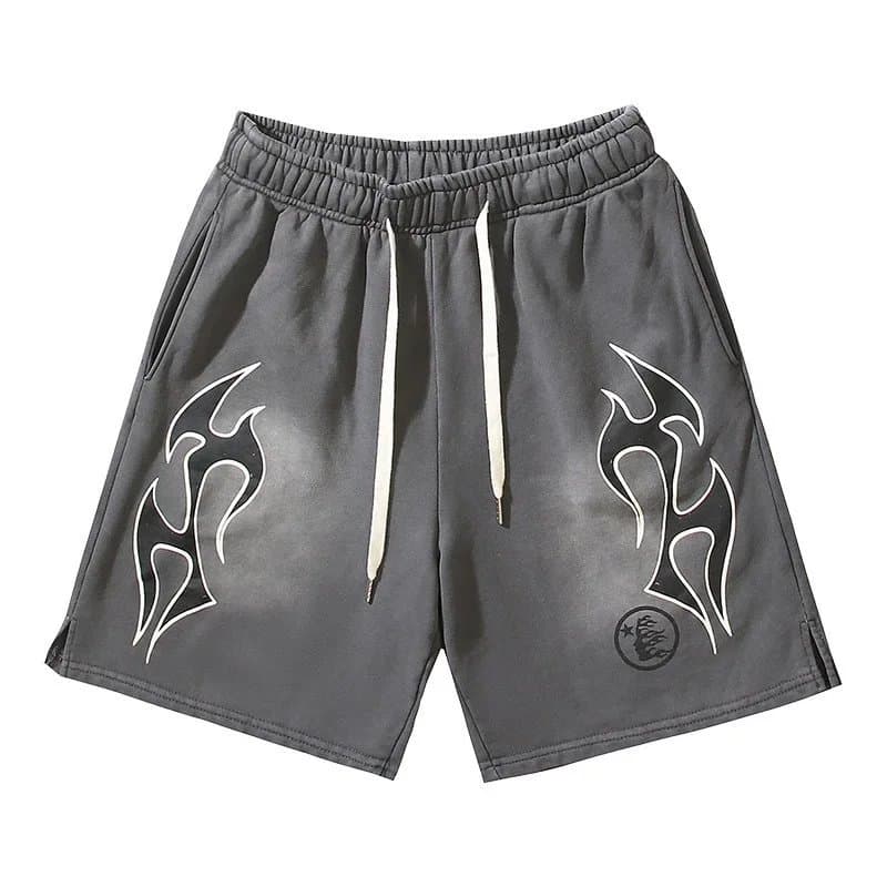 Hellstar Flame Graphic Shorts Grey with White Flame Print