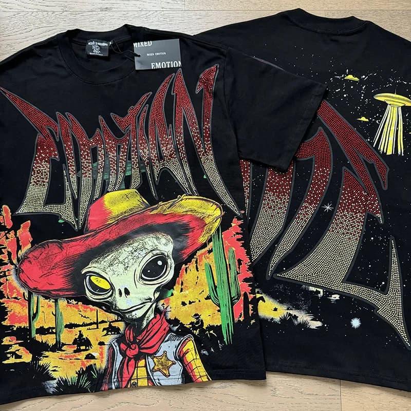 Mixed Emotion Graphic Tee Alien Cowboy Print