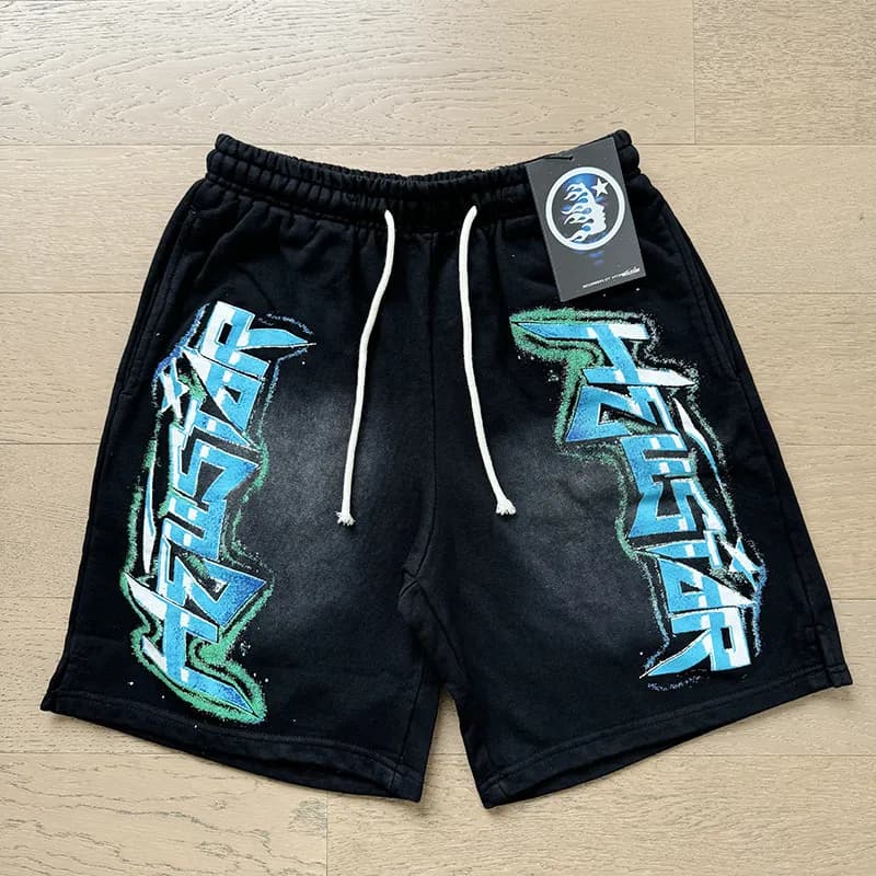 Hellstar Graffiti Shorts Blue Green Spray Graphic