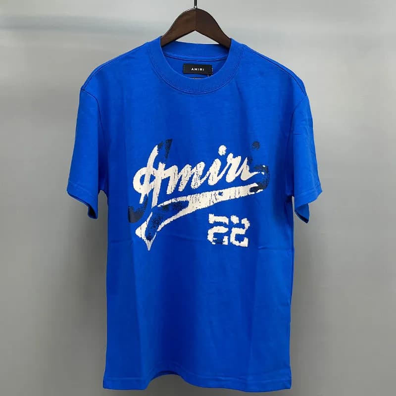 Amiri Graphic Tee Sequined Logo — Blue White Slash Letter