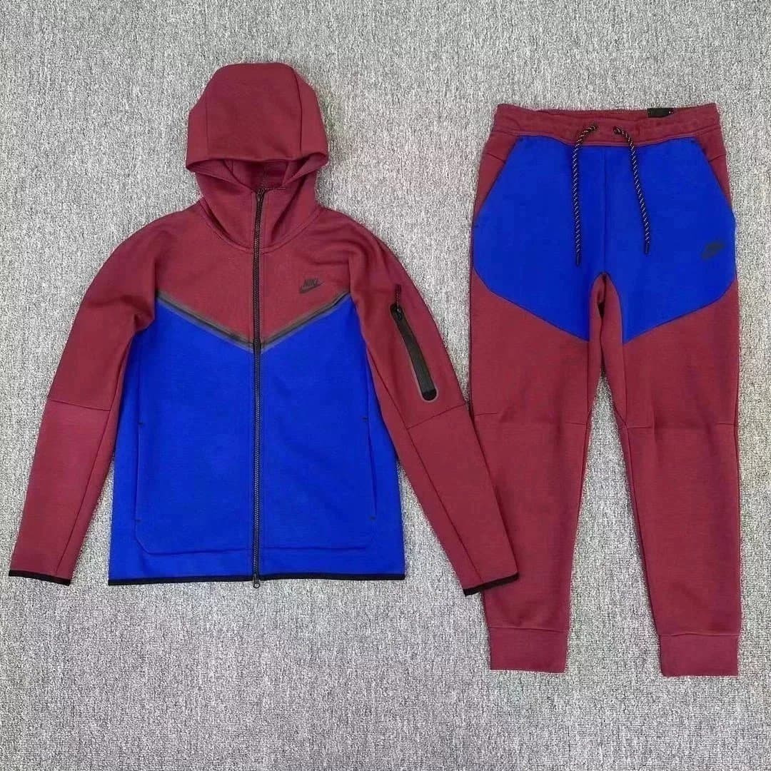 Nike Tech Fleece Hoodie and Joggers Burgundy and Royal Blue Colorblock