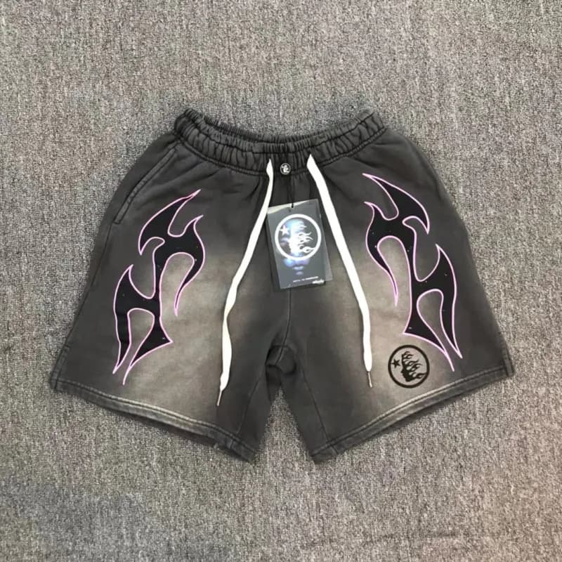 Sp5der Flame Graphic Shorts Black with Pink Flame Print