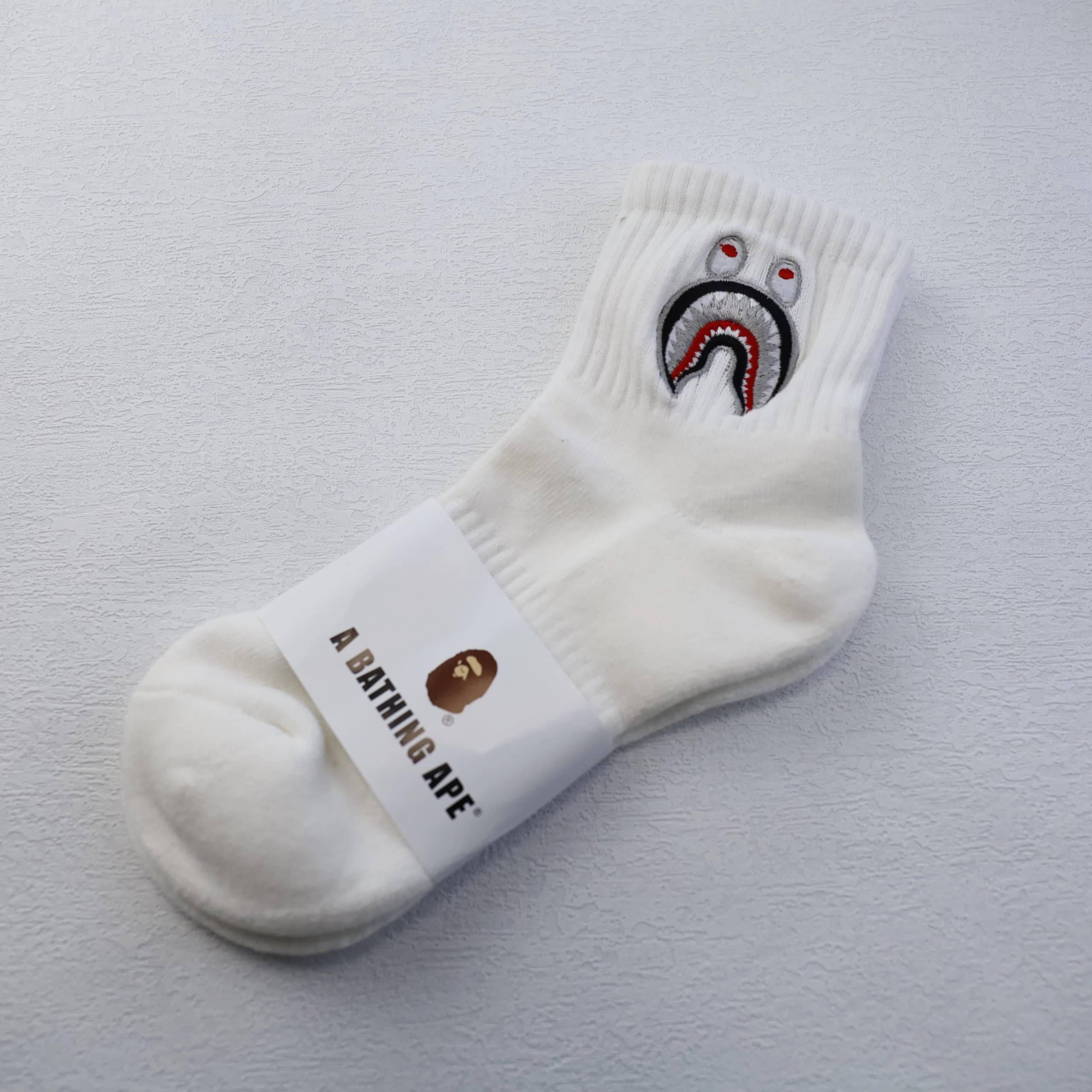 BAPE Crew Sock Embroidered Ape Head — 中帮 鲨鱼 白