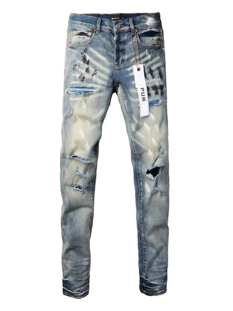 Distressed Slim Fit Jeans Patchwork Ripped — N34