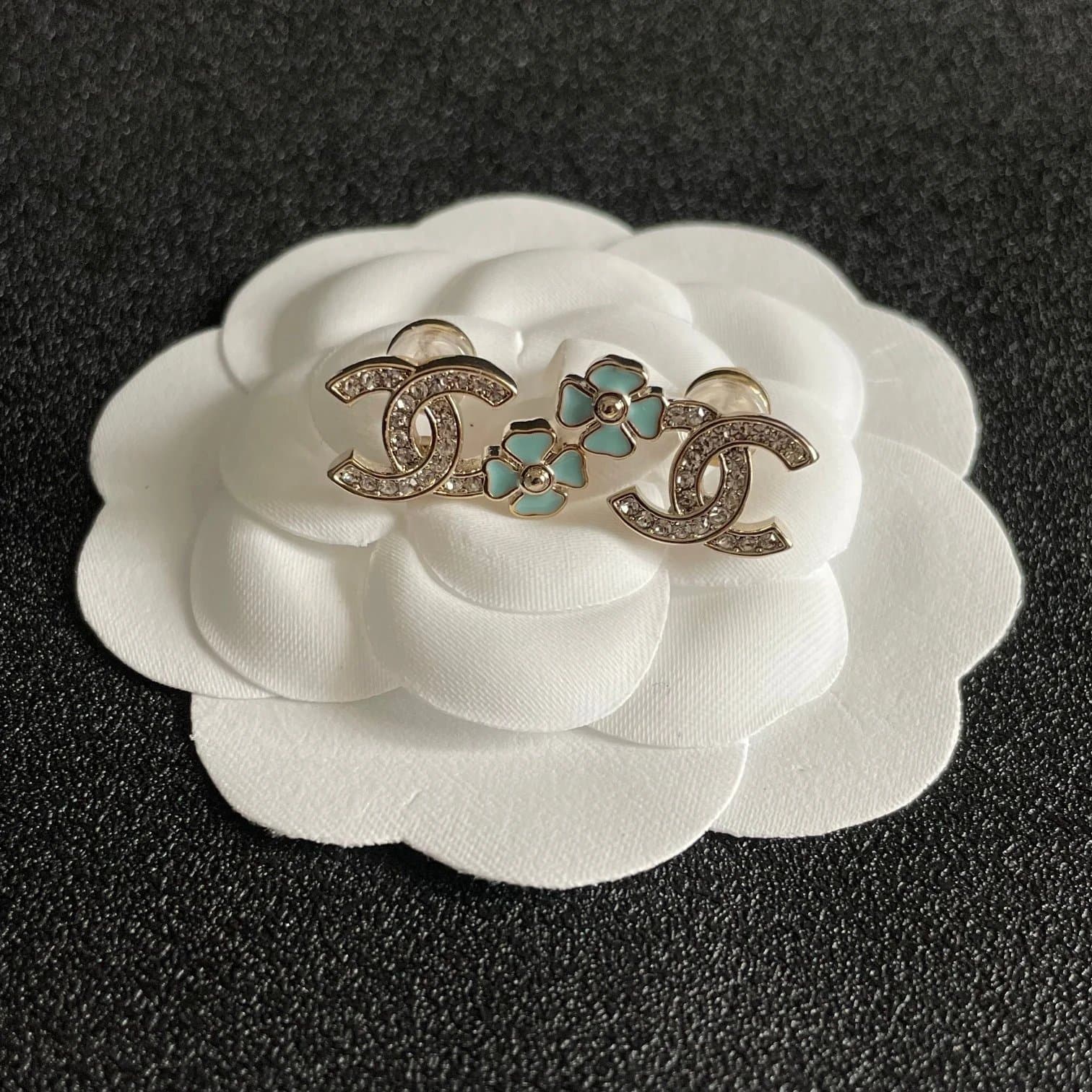 Chanel CC Flower Earrings Crystal and Enamel