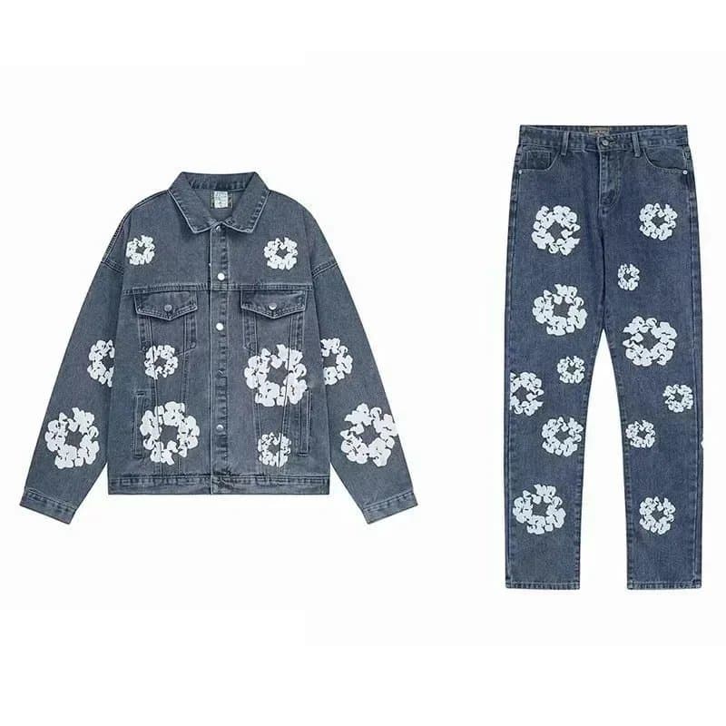 Balenciaga Denim Jacket and Jeans Set Floral Appliqué
