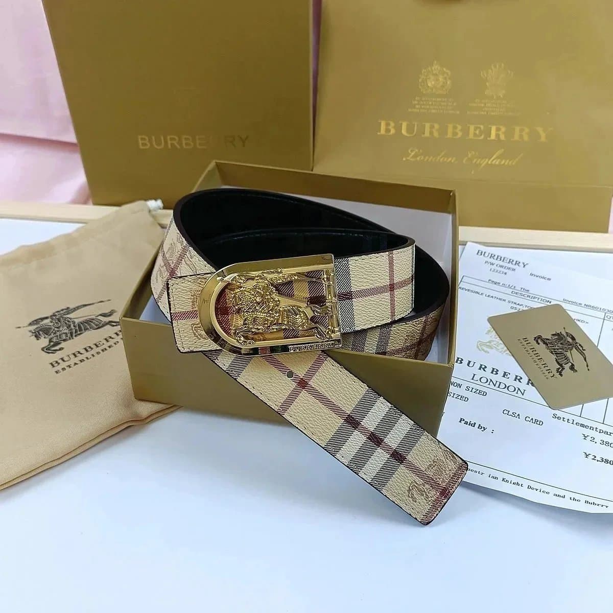Burberry Reversible Leather Strap Belt Haymarket Check