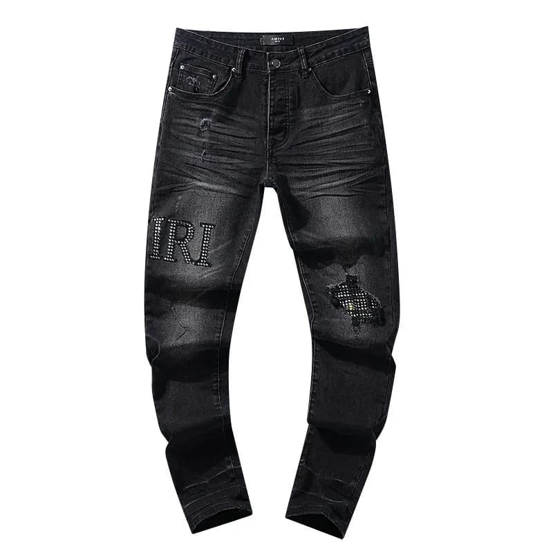 Distressed Patchwork Jeans Worn-in Wash with Contrast Patches — AM310