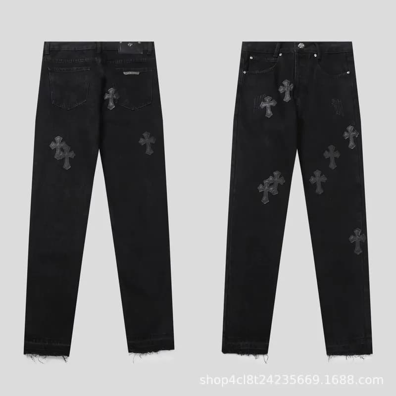 Chrome Hearts Cross Patch Jeans Black and Light Blue Cross Appliqué — OF9915