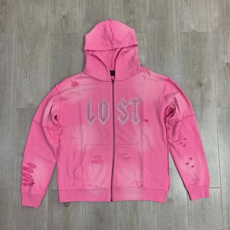 Gallery Dept. Zip-Up Hoodie Distressed Rhinestone 'LOST'