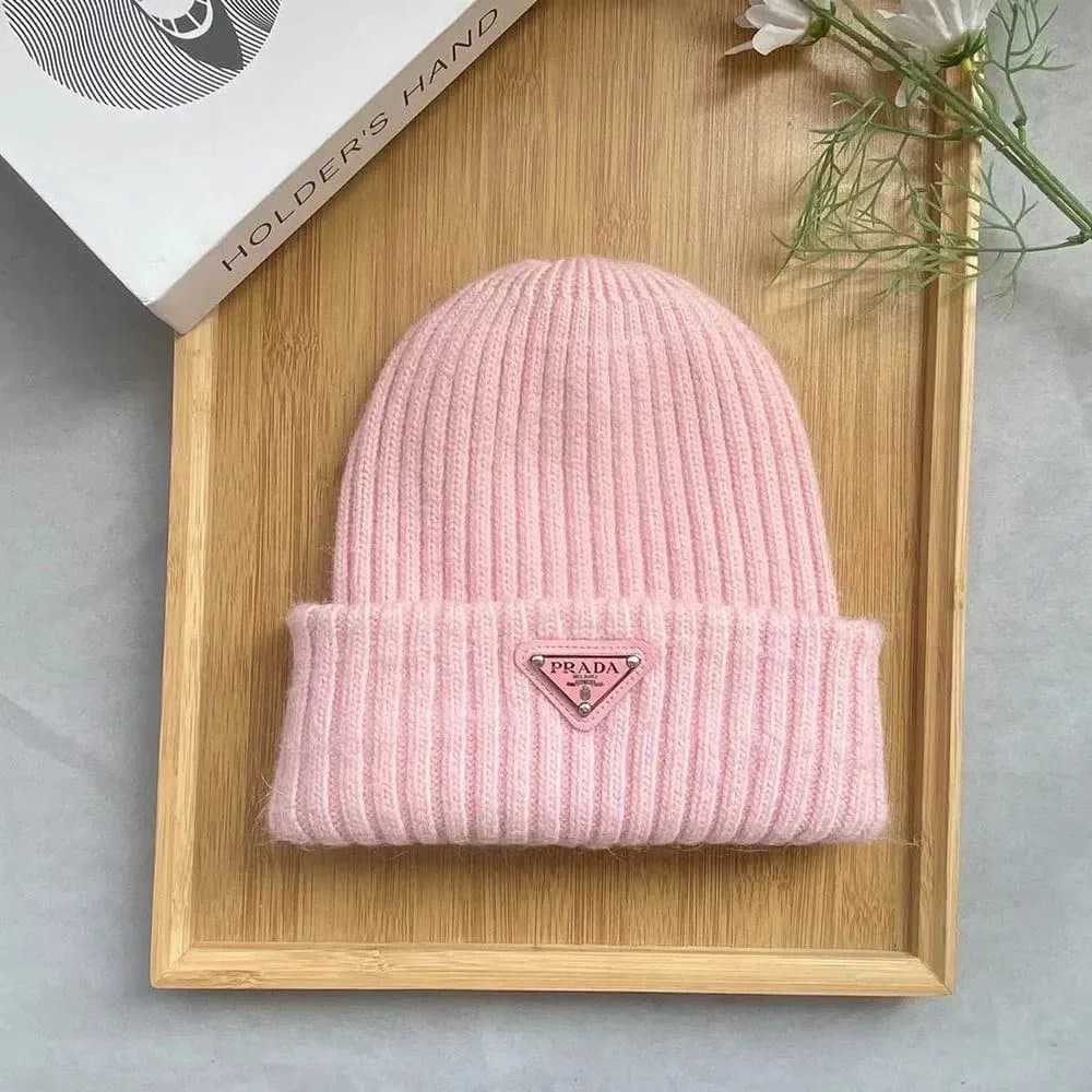 Prada Ribbed Beanie Metallic Triangle Logo — A02