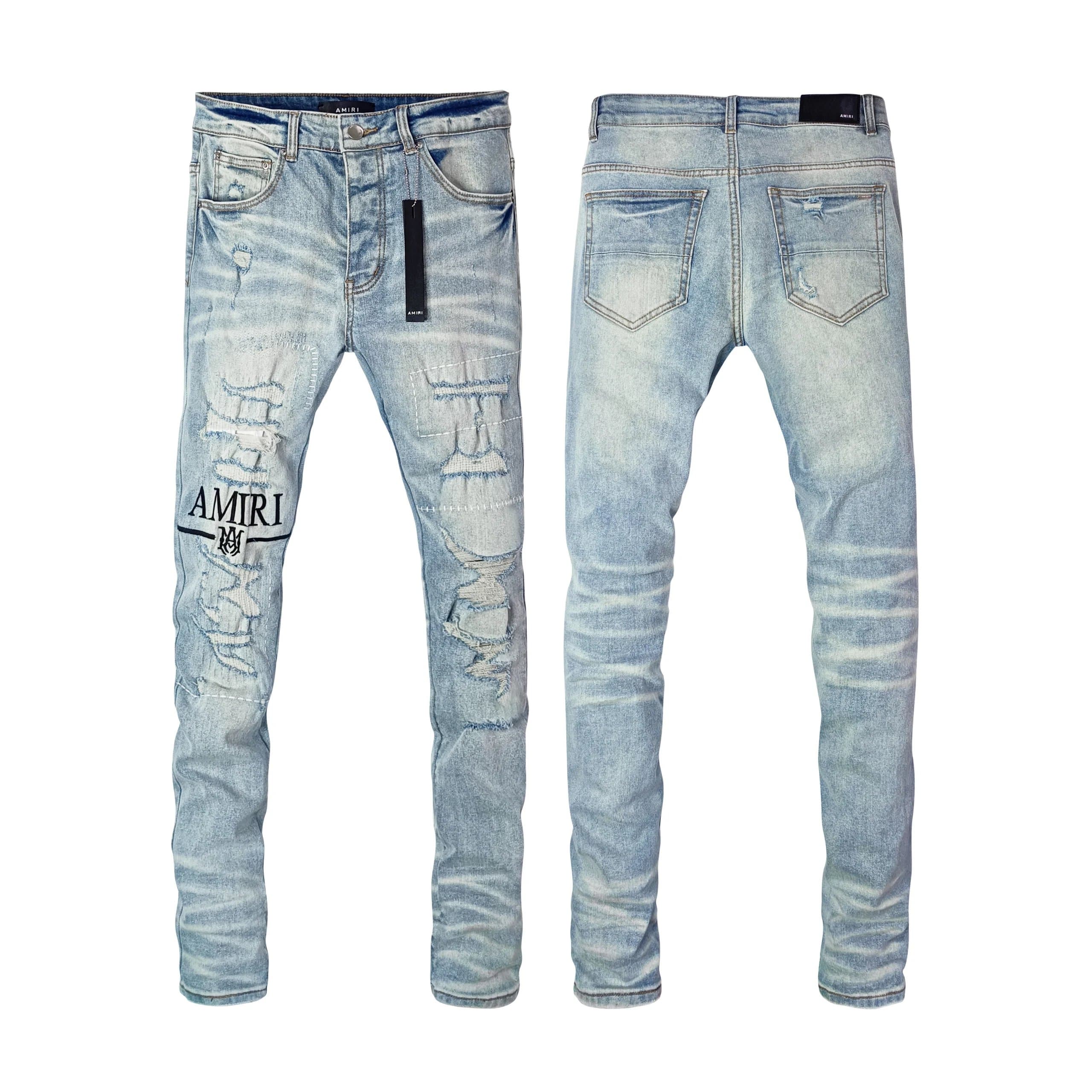 Amiri Distressed Slim Fit Jeans Logo Patch & Repair Stitching