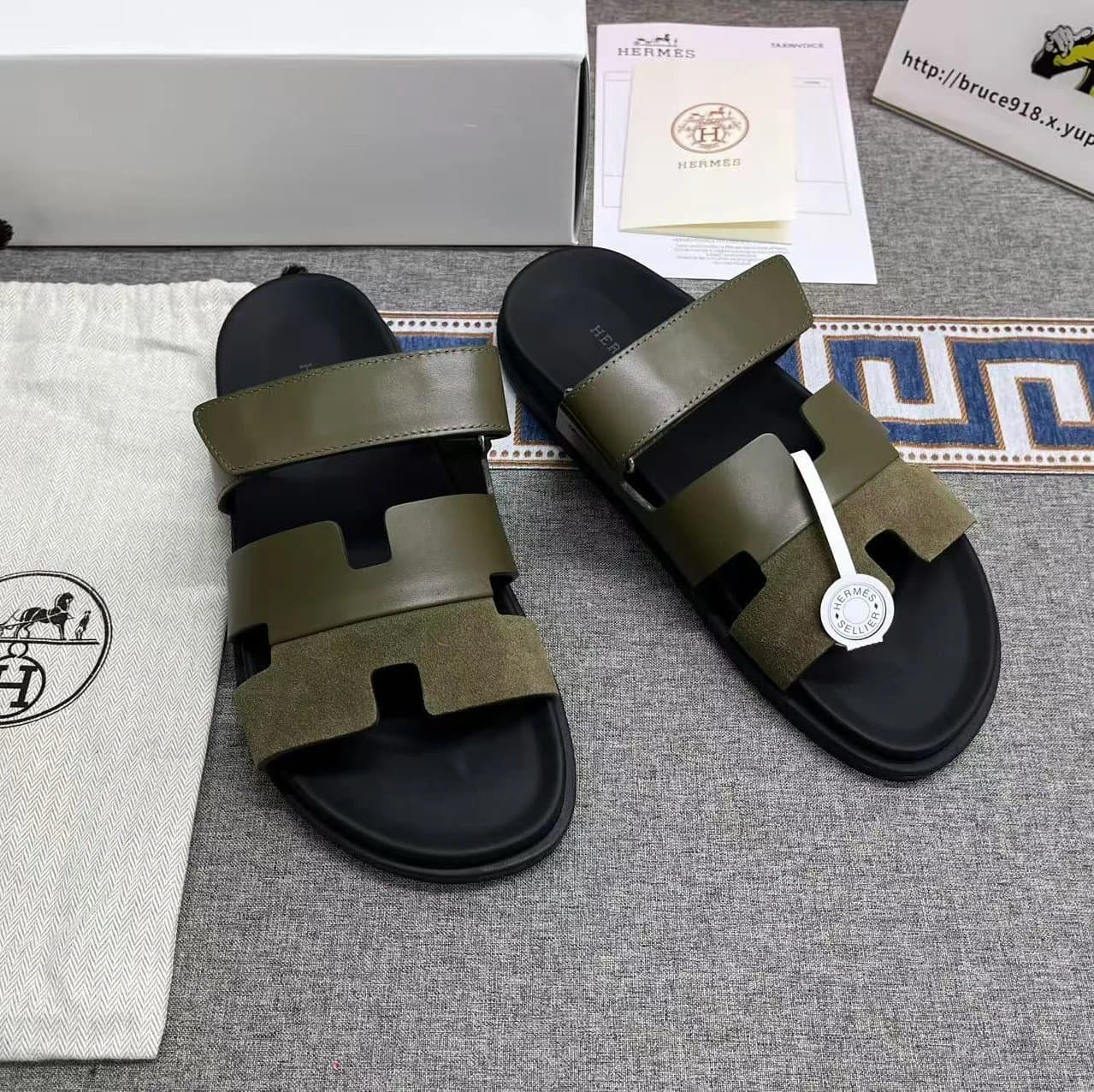 Hermès Oran Sandal Olive Green Suede and Leather