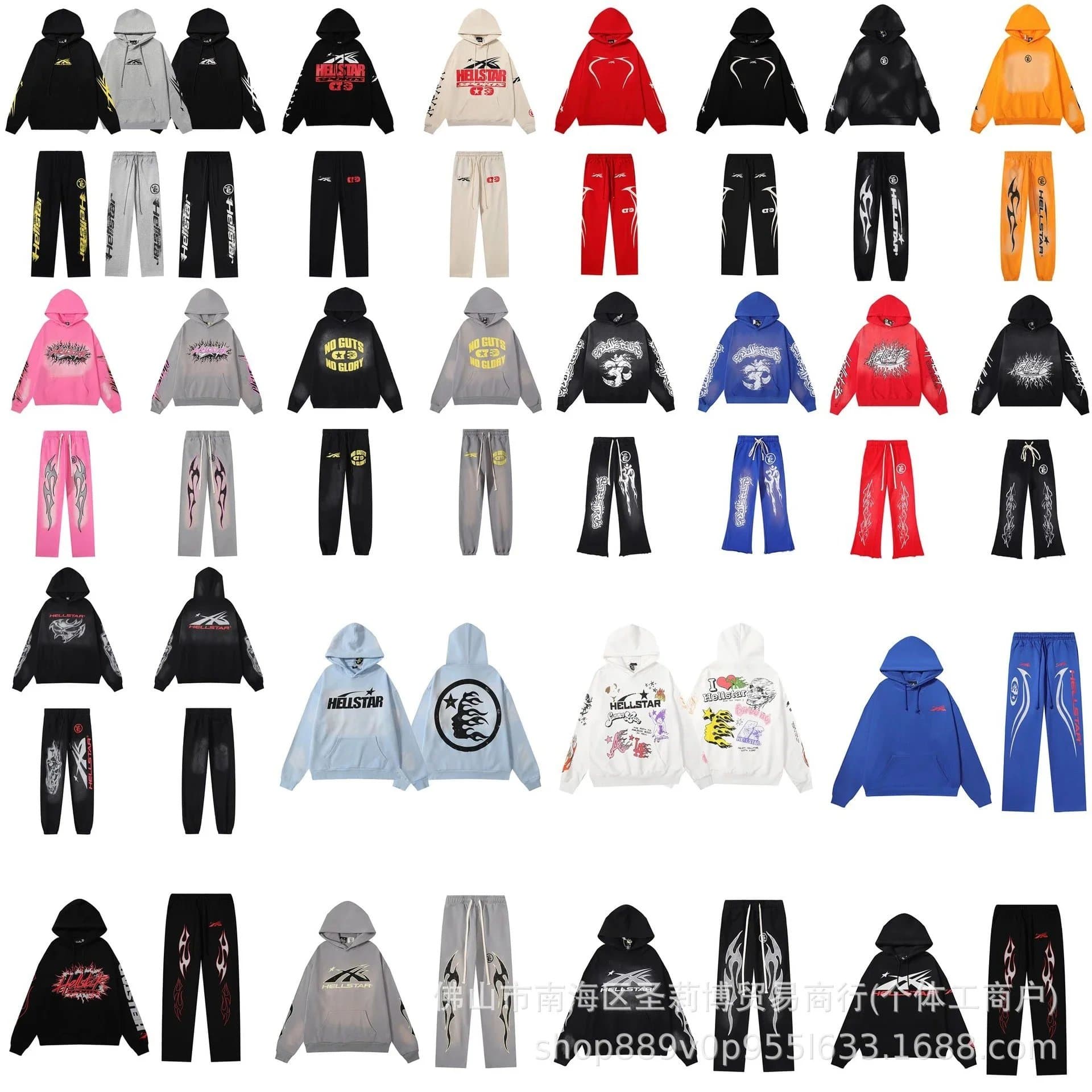 Hellstar Hoodie and Jogger Set Flame Print Graphic — 2216黑色洗水卫衣