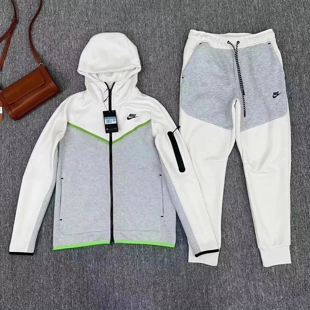 Nike Tech Fleece Hoodie and Joggers White/Grey/Neon Green