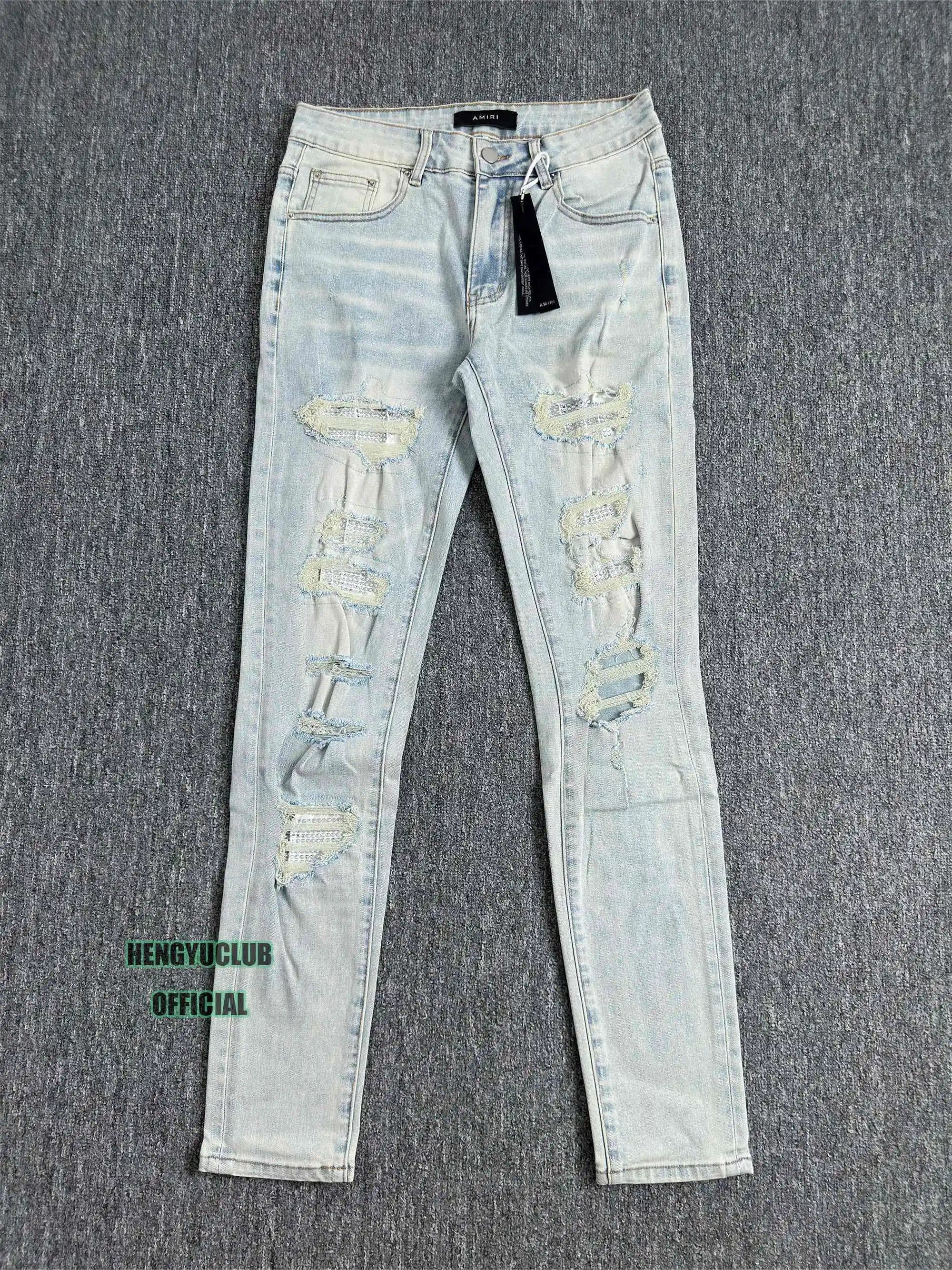 Amiri Distressed Slim Fit Jeans Logo Patch & Raw Repair — A75