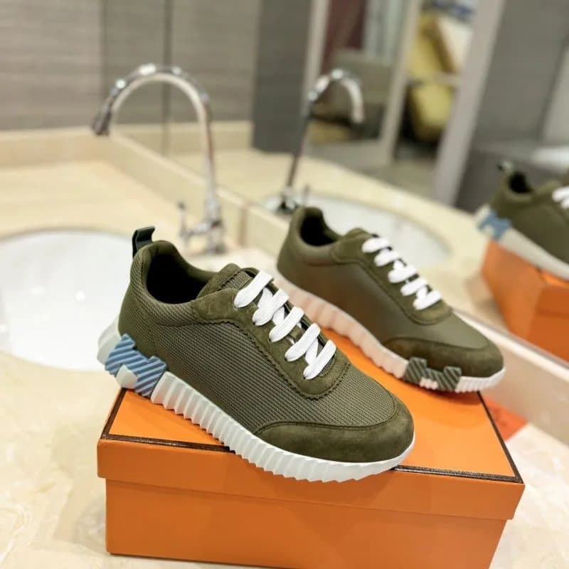 Hermès Oran Sneaker Olive Green with Striped Heel Tab