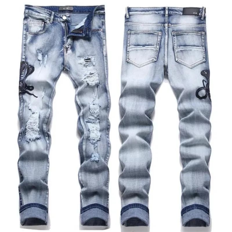 Amiri Distressed Slim Fit Jeans Snake Embroidery