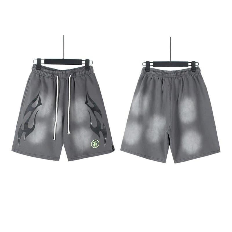 Sp5der Flame Print Shorts Smoke Wash with Flame Graphic