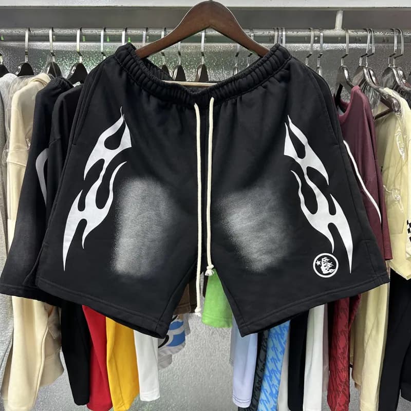 Sp5der Flame Graphic Shorts Black with White Flame Print