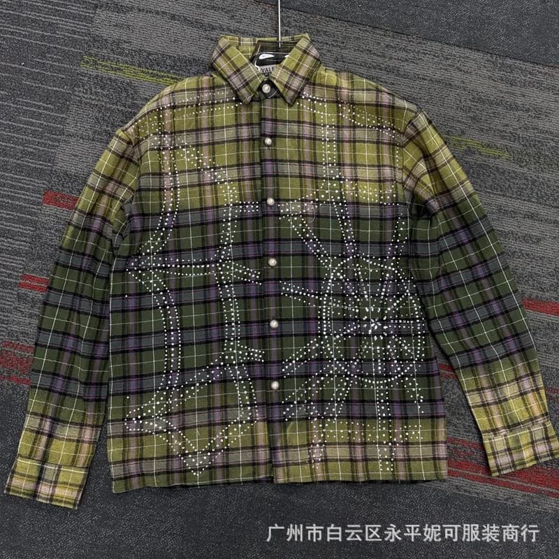 Plaid Button-Up Shirt Embroidered Star Pattern