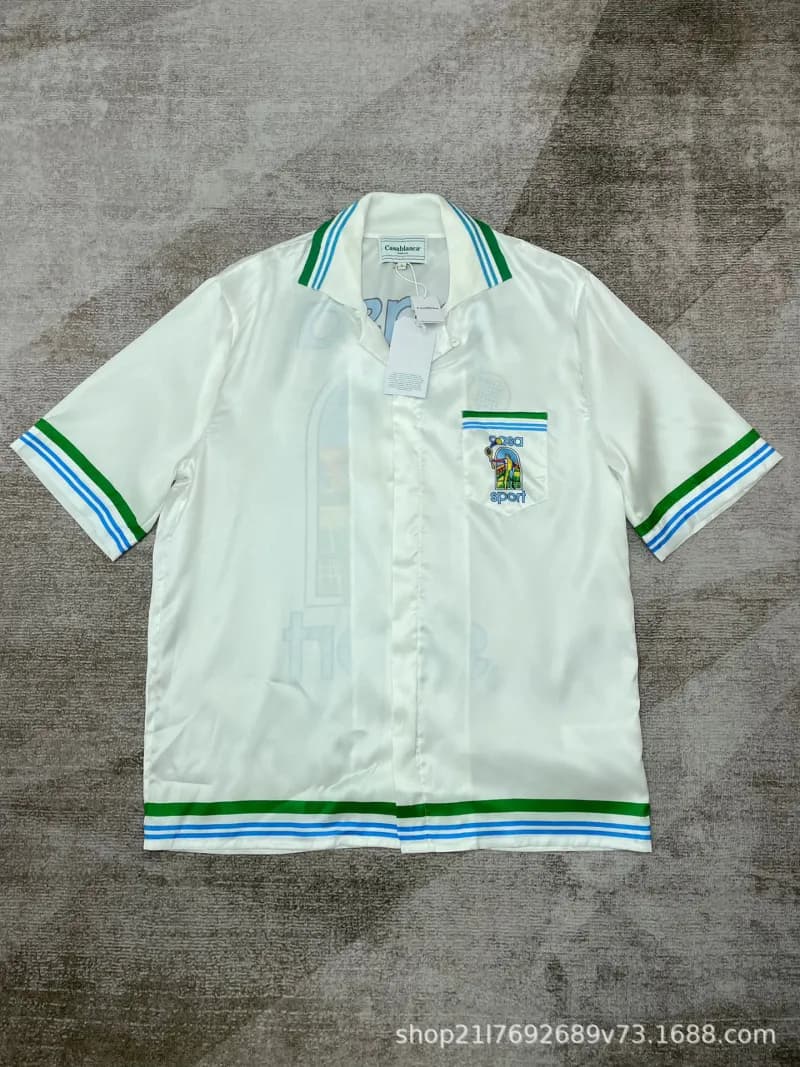 Palm Angels Short-Sleeve Shirt Green and Blue Stripe Trim