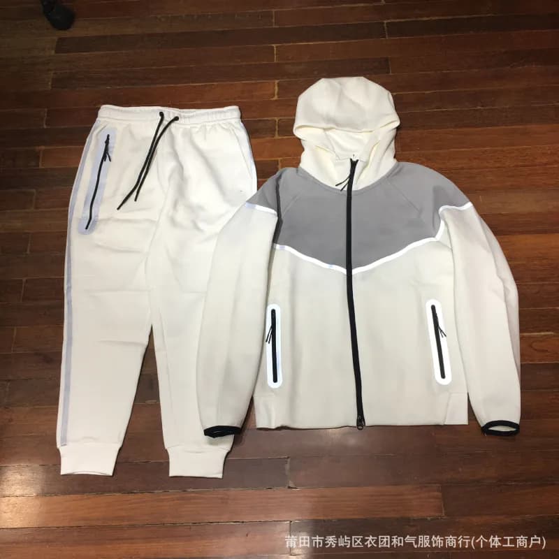 Nike Tech Fleece Hoodie and Joggers Reflective Stripe — Gray and white