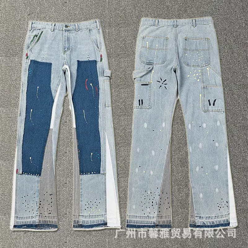 Patchwork Denim Trousers Paint-Splatter & Mesh Panel