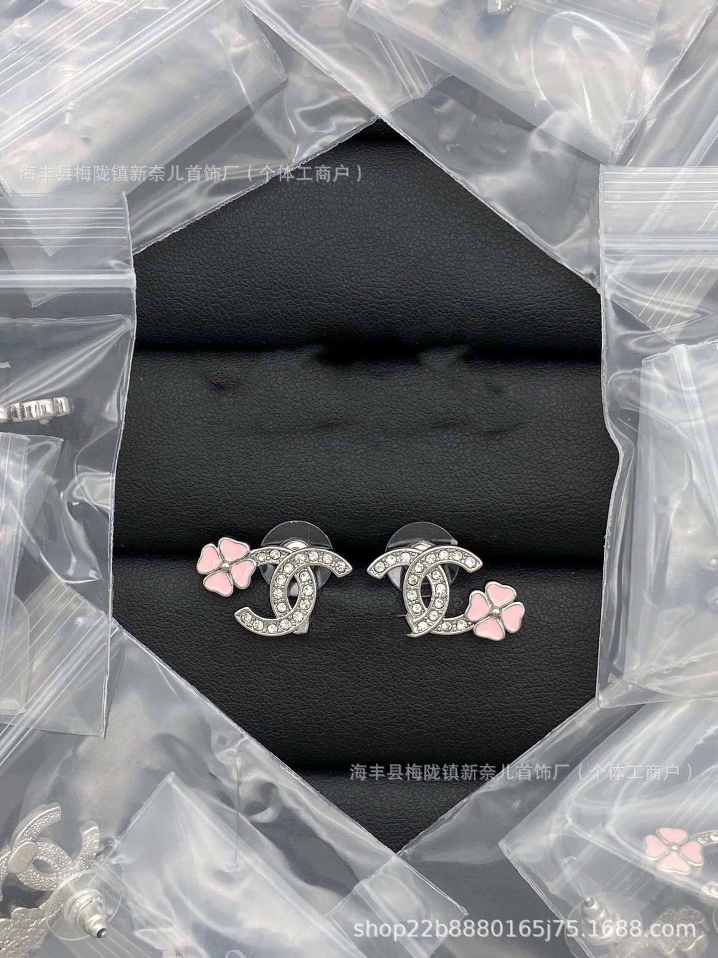 Chanel CC Logo Stud Earrings Pink Flower Enamel
