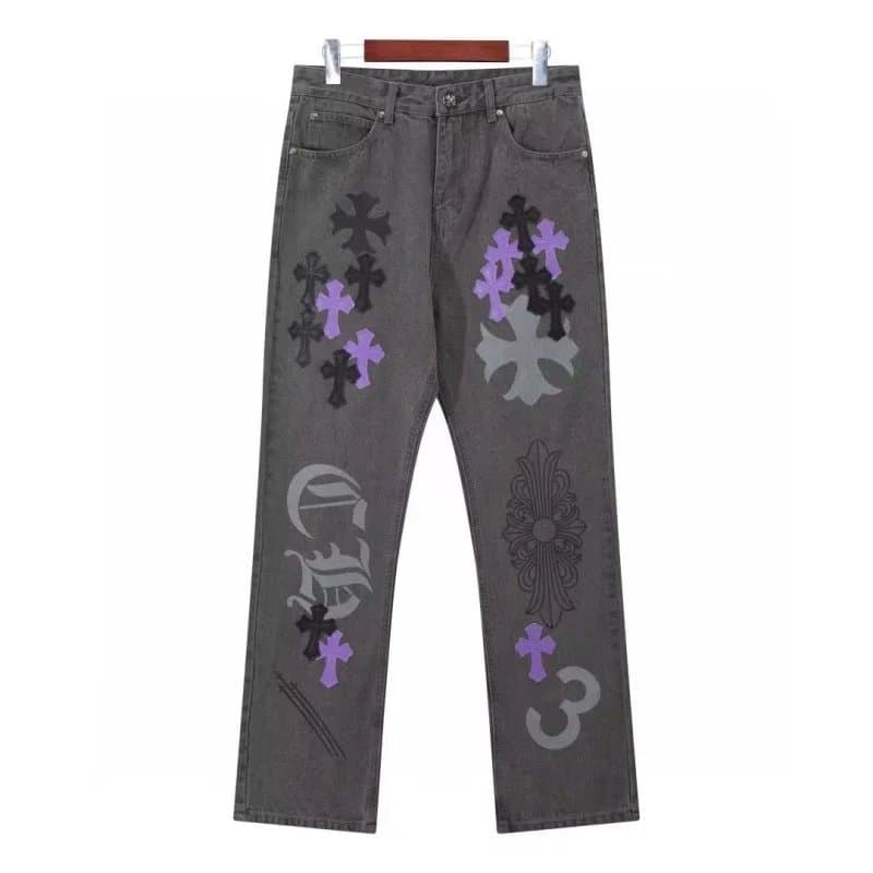 Chrome Hearts Cross Patch Jeans Purple & Black Cross Embroidery