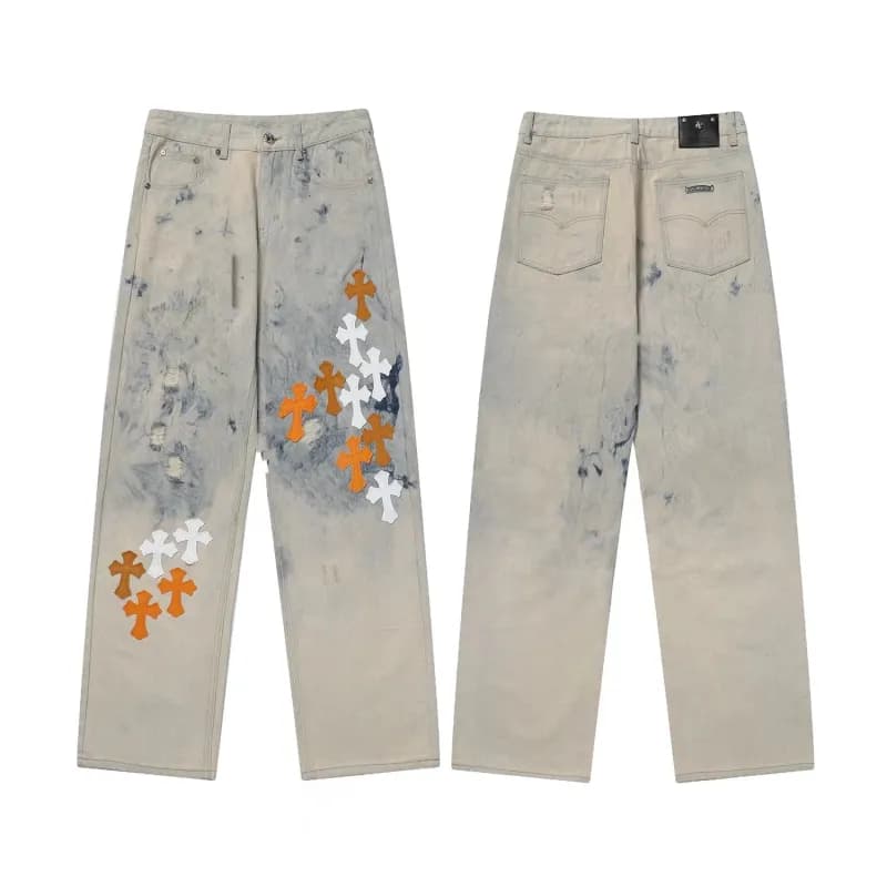 Chrome Hearts Cross Patch Jeans Distressed with Orange and White Cross Patches