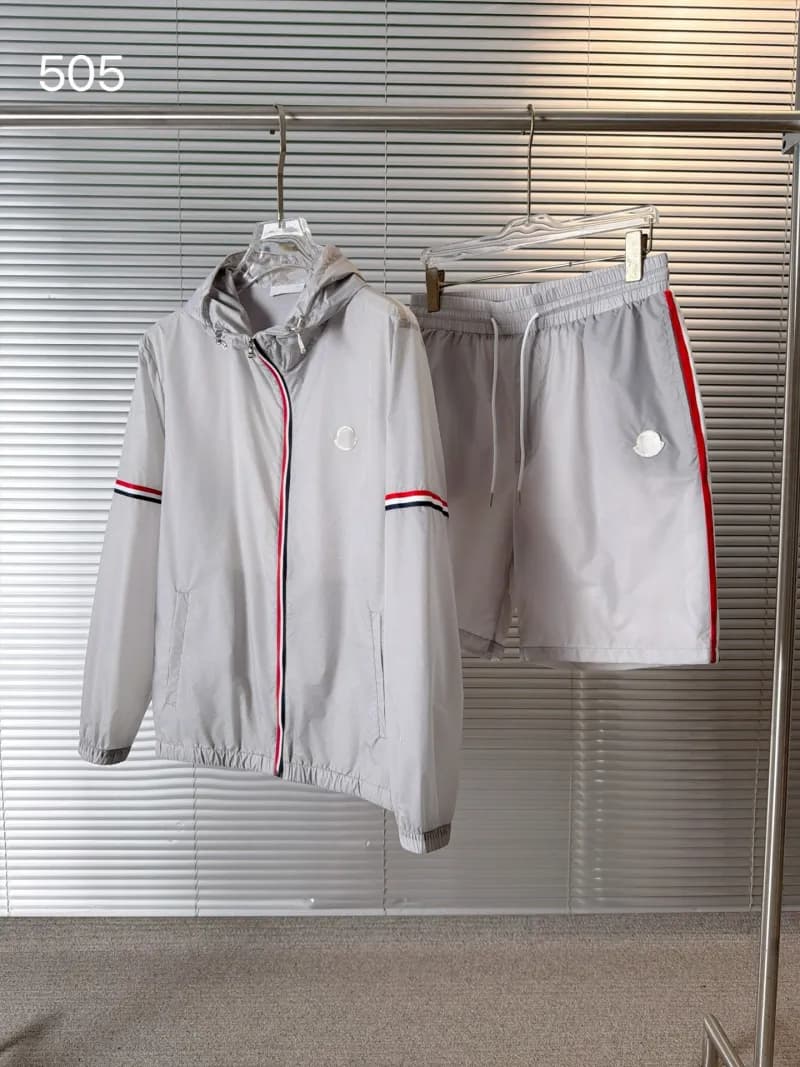 Moncler Windbreaker Jacket and Shorts Set Grey with Red-White-Blue Trim