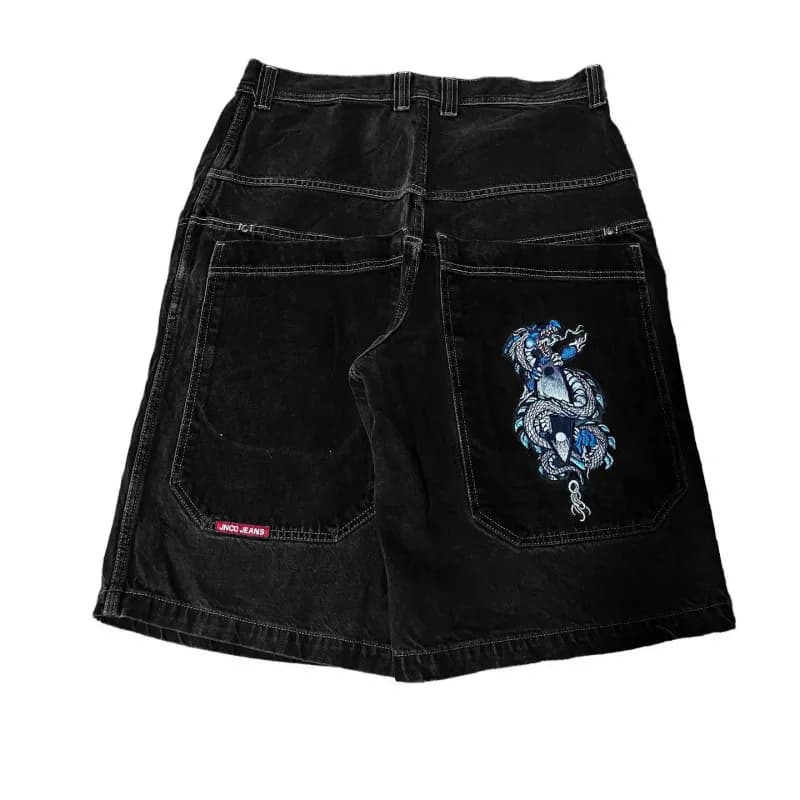 Denim Shorts Embroidered Bear — D04 black