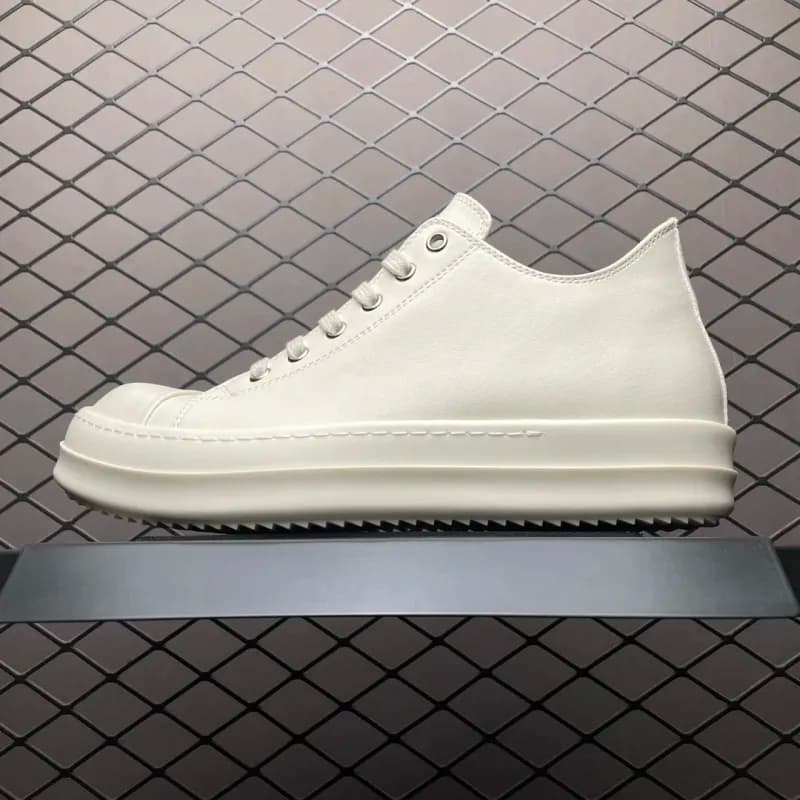 Rick Owens Geobasket Low Suede Panel — 纯白低帮皮面细鞋带