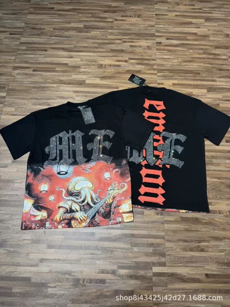 Mixed Emotion Graphic Tee Emotion Print with Rhinestones — 8117黑色