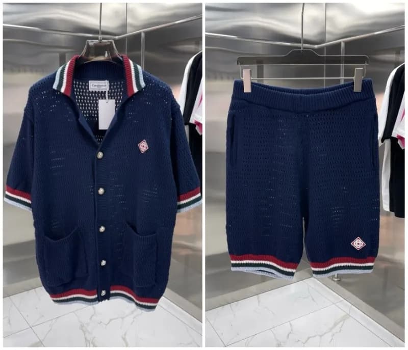 Carhartt WIP Knit Cardigan & Shorts Set Navy Mesh with Stripe Trim