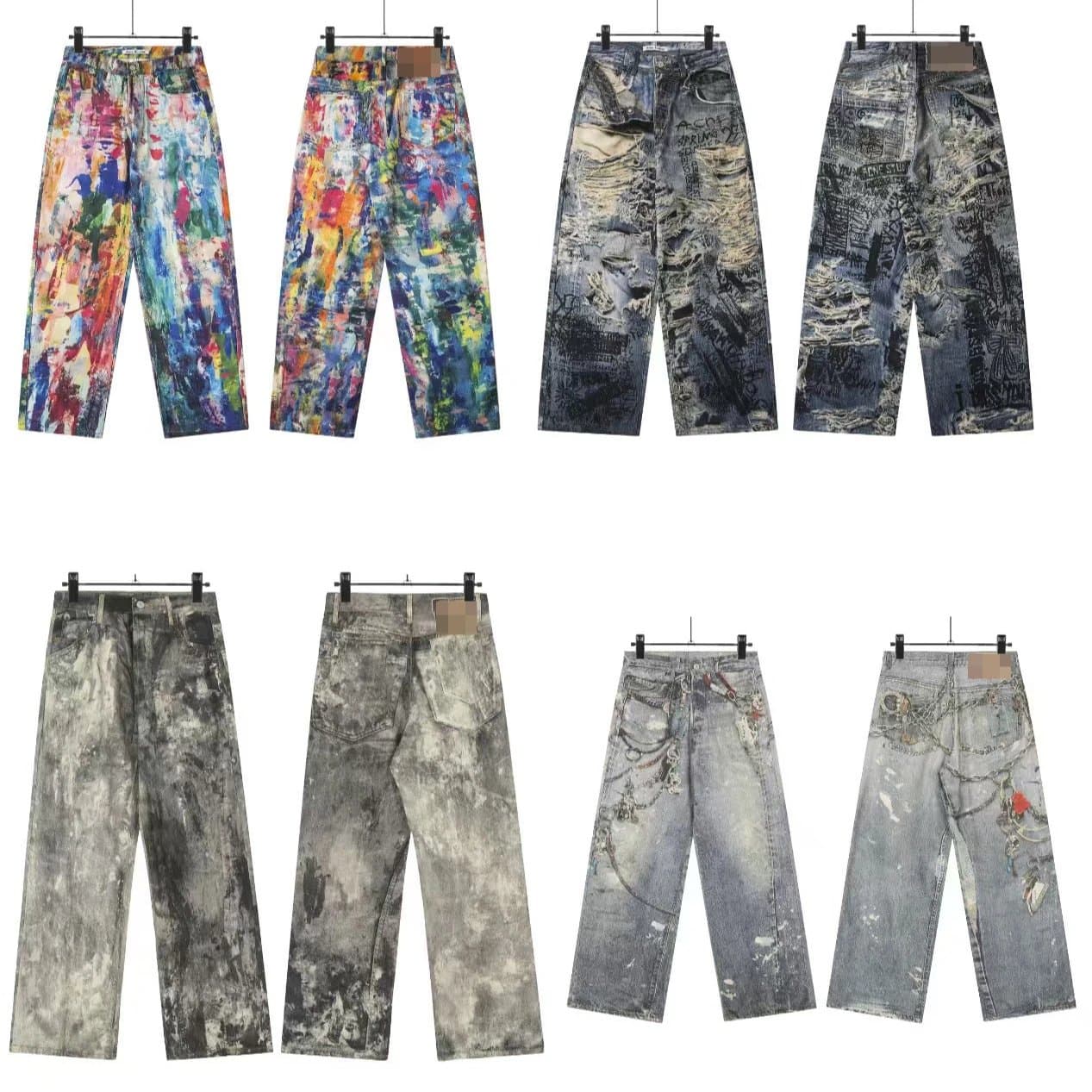 Acne Studios Distressed Wide-Leg Jeans Abstract Print & Deconstructed Wash