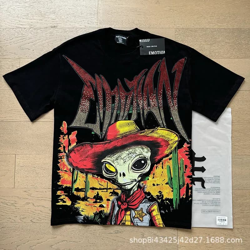 Mixed Emotion Graphic Tee Emotion Print with Rhinestones — 0015黑